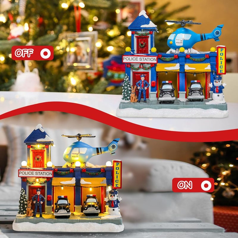 Vipush Christmas Village House Decorations Resin Police Station Home Decor Indoor Building Figurines Revolving Train with LED Light and 8 Christmas Music for Kids - Image 2
